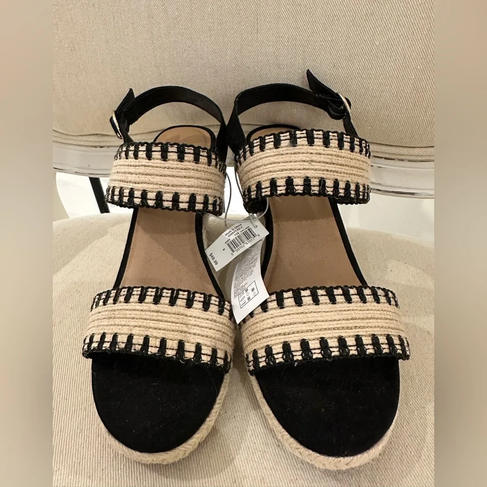 NWT Size 8 Stylish Black and Tan Wedge Raffia espadrille Sandals Shoes - Picture 4 of 11